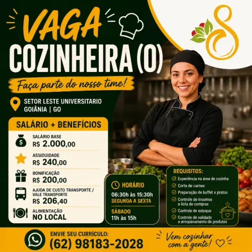 Vaga para Cozinheiro(a) ? Salute Naturais, Setor Leste Universitário. 06:30 as 15:30