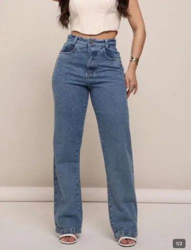 Calça Wide Leg Jeans Feminina com Strass Tam 36
