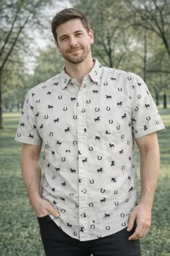 Camisa Botão Masculina Estampa Cavalo Ferradura 100% Algodão