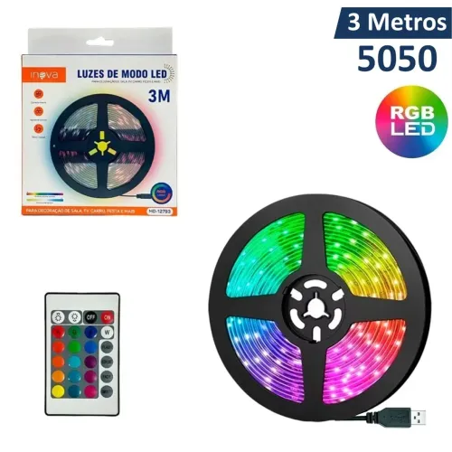 Fita de LED 5050 RGB 30 LED/m IP65 5V com 3 Metros e Controle - Inova 