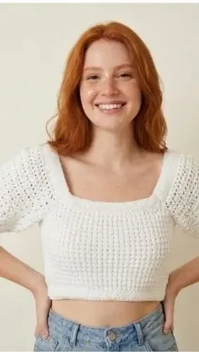 Cropped de Crochê Feminino Branco | Manga Curta | Novo