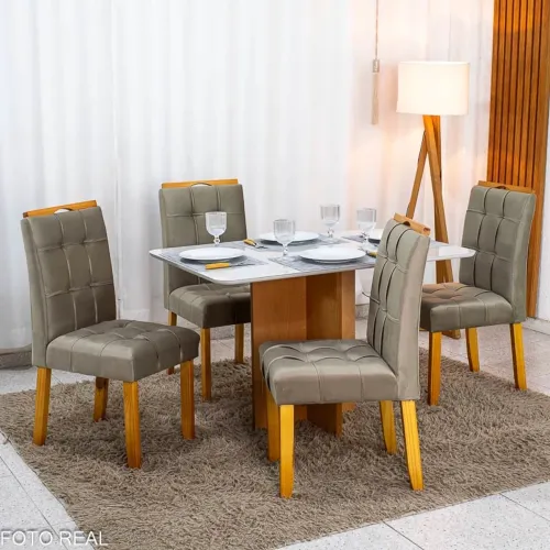 Mesa de Jantar  120x80 Vidro Off/Base Cinamomo + 4 Cadeiras Avelã rf6