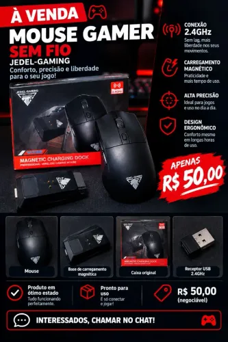 ? Mouse Gamer Sem Fio 2.4GHz + Base Magnética | R$50