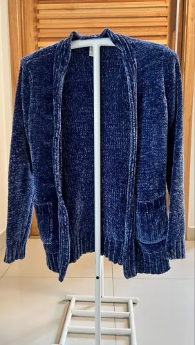 cardigan feminino bluesteel azul p em chenile