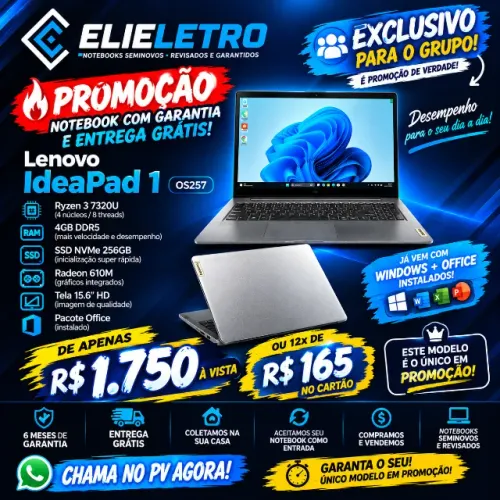 Notebook Lenovo IdeaPad 1 Ryzen 3 4GB SSD 256GB - Garantia e Entrega Grátis