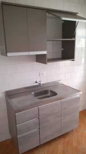 Bancada cozinha(2 portas com pistão e 3 gavetas), pia de aço inox 1,20 e armário aéreo 