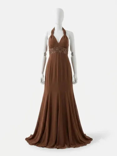 vestido de festa longo marrom com bordado