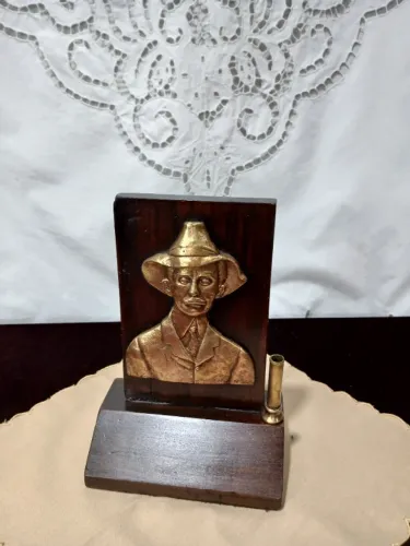 Antigo Porta Caneta Com Placa De Santos Dumont De Bronze