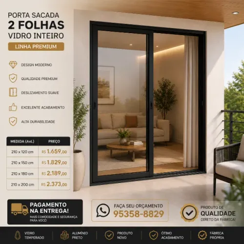 Porta Sacada Alumínio Preto 2 Folhas Vidro Inteiro Linha Premium direto da fabrica