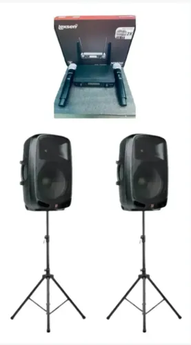 KIT 2 CAIXAS ATIVAS STANER PS1501 + MICROFONE DIGITAL DUPLO SEM FIO LM502M