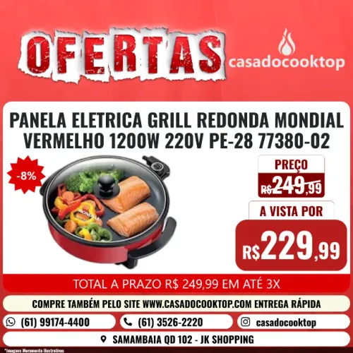 PANELA ELETRICA GRILL REDONDA MONDIAL VERMELHO 1200W 220V PE-28 77380-02