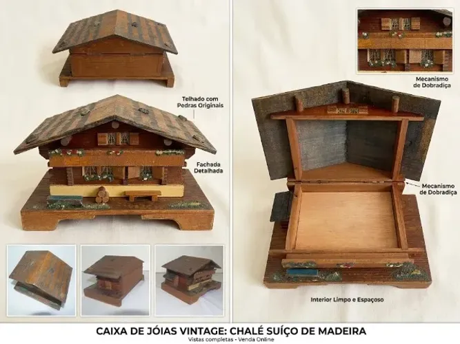 Porta-Jóias Vintage Chalé Alemão Em Madeira Com Caixa De Música Mecânica.