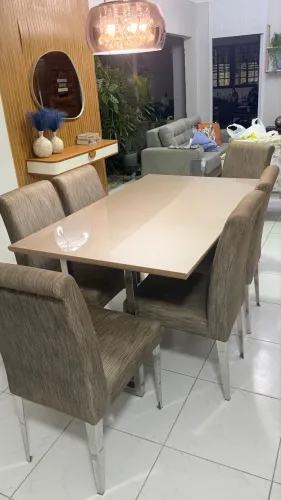 Mesa de Jantar Inox 1,60 x 0,90 com Tampo de Vidro + 6 Cadeiras | Excelente Estado
