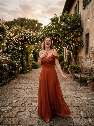 Vestido de festa longo terra cota com glitter