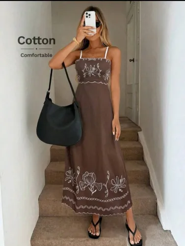 Vestido Longo Casual Com Bordado Floral