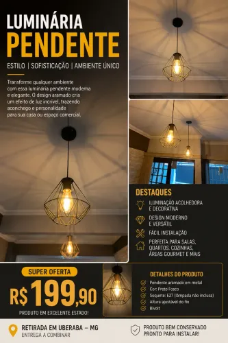 Luminária Pendente Industrial Geométrica - Design Sofisticado | Semi Nova