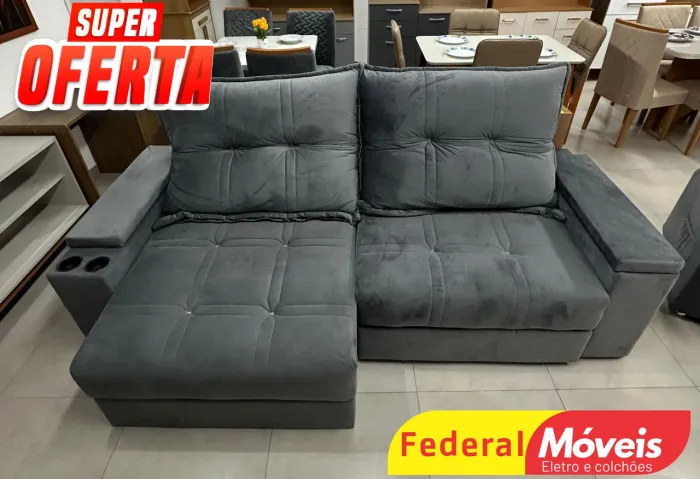 Sofá Retrátil com Porta Copos Embutidos Veludo - Temos Crediário 