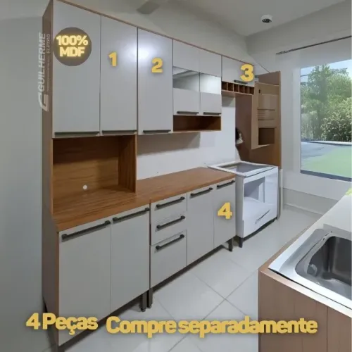 Cozinha Completa Nápoli Prime 100% MDF 4 Peças 2Aéreos +1Balcão 1Paneleiro) C4P237 Amendoa
