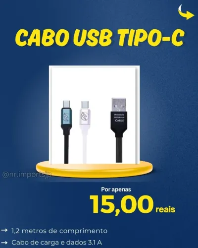 Cabo USB Tipo-C 1,2 metros de comprimento 