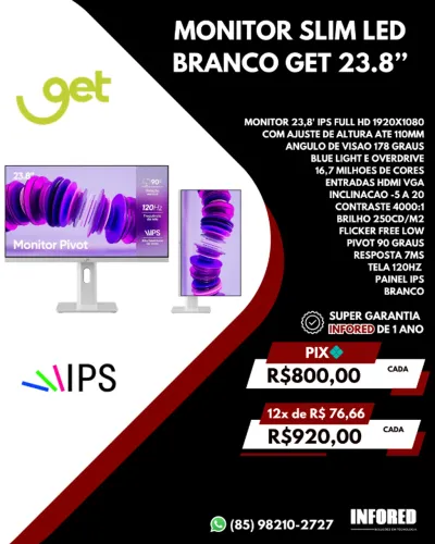 Monitor Slim LED GET 23,8" IPS Full HD 120Hz Branco