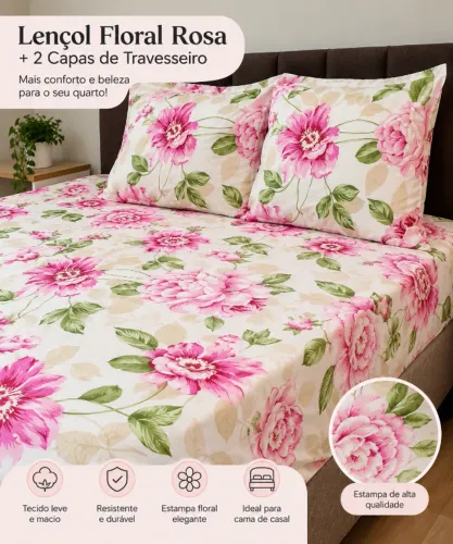 Lençol Floral Rosa + 2 Capas de Travesseiro