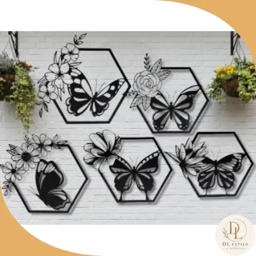 Kit Com 5 Quadros Decorativos Vazados Borboletas e Florais em 3D - Preto (PLA)