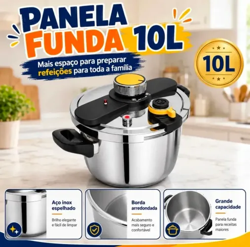Panela de Pressão Premium em Aço Inoxidável 10 LITROS Compatível Indução LACRADO