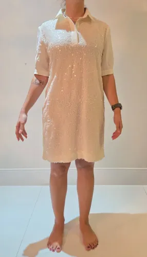 Vestido Midi Off-White Texturado Estilo Polo com Paetês