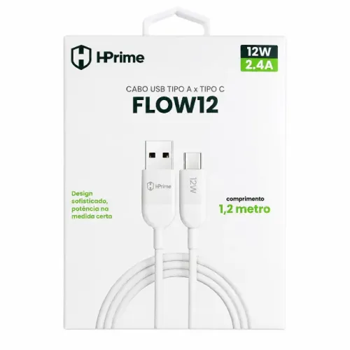 Cabo USB HPrime FLOW12 USB A para USB C 1,2m 12W 2.4A Carregamento e Transferência de Dado
