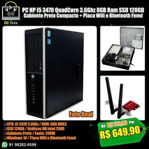 PC HP i5 3470 QuadCore 3.6Ghz 8GB Ram SSD 120GB Gabinete Compacto + Wifi e Bluetooth