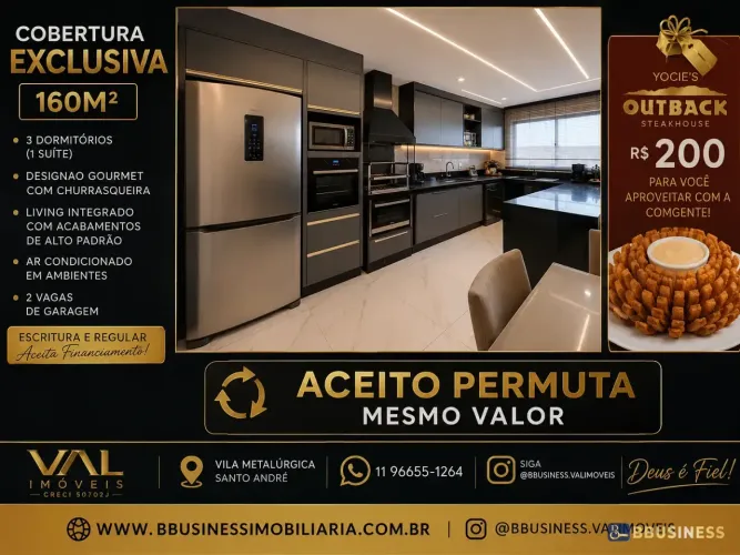 COBERTURA DUPLEX,160m², 3 dormitórios suíte 2vagas, , Santo André, SP PERMUTA PELO MESMO V
