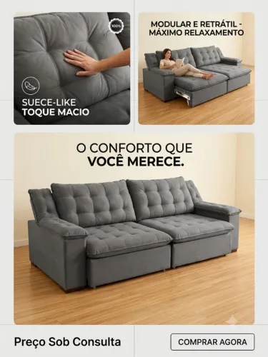 Sofá Retrátil Confortável Cinza Escuro