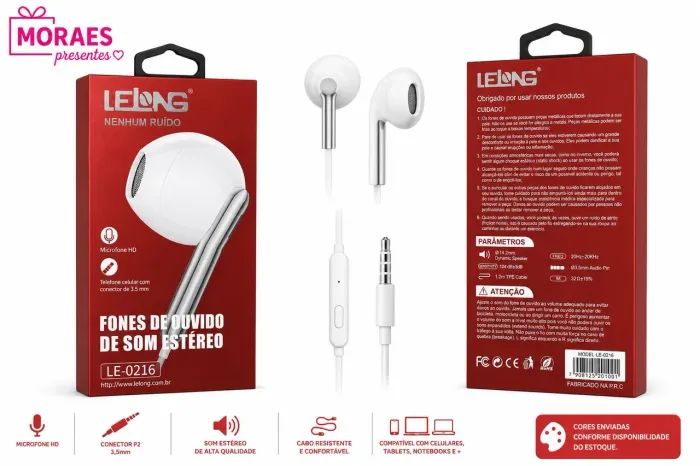Fone Lelong LE-0216 com microfone HD, som estéreo e conexão P2