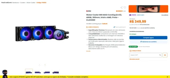 Water Cooler MSI MAG Coreliquid A12, ARGB, 360mm, Intel e AMD, Preto - CLA12360