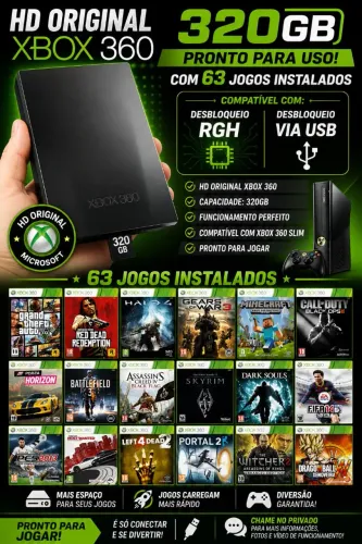 HD 320gb original xbox 360 + 63 jogos