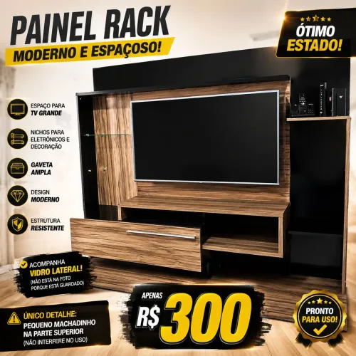 Painel Rack para TV com Nichos e Vidro Lateral - Ótimo Estado