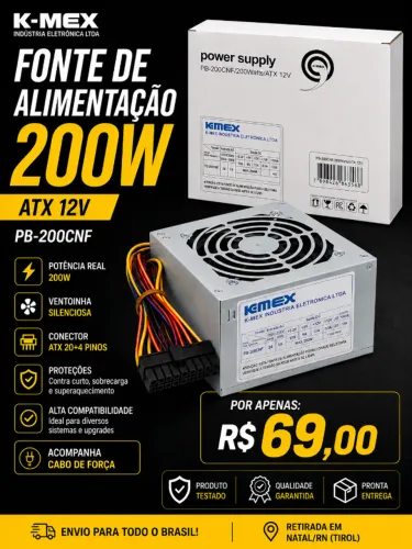 Fonte de Alimentação K-MEX 200W ATX 12V + Cabo de Força