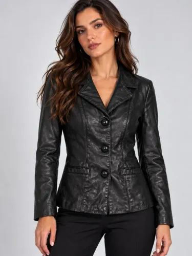 Jaqueta blazer feminino couro legítimo preto - Veste PP - Ref. 6045