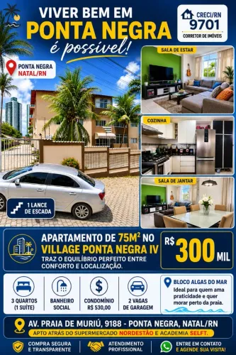 PONTA NEGRA - APTO 75M2 COM 3 QUARTOS 1 SUÍTE 2 VAGAS MODULADOS 5 MINUTOS PRAIA P. NEGRA