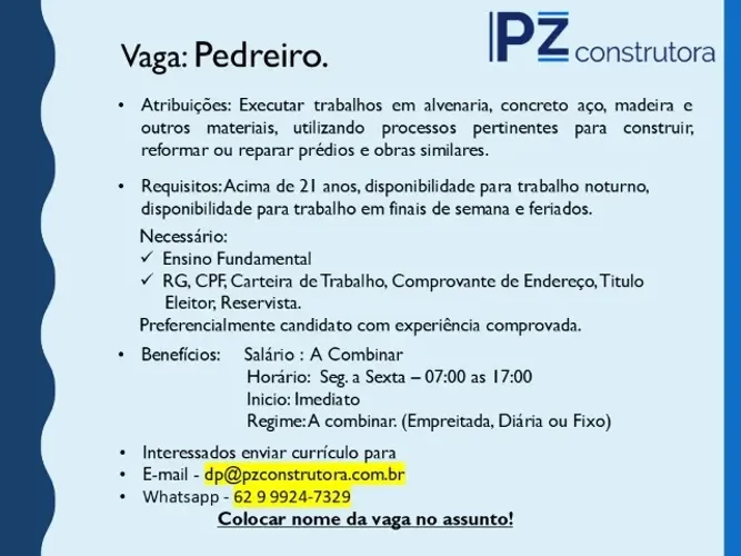 PEDREIRO DE OBRA COM EXPERIÊNCIA