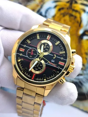 Relógio masculino dourado com data calendário design luxo