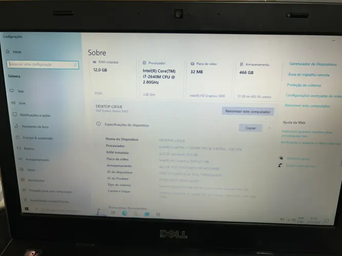 Notebook Deel I7 2geracao com Windows 10 e pacote oficie instalado