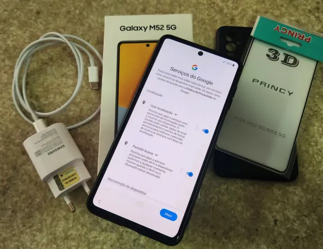 Celular Galaxy Samsung M52 5G 128mb, c/ 2 capas e 2 películas, nota fiscal, super novo