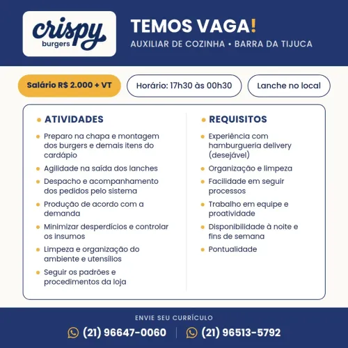 Auxiliar de Cozinha em Hamburgueria Delivery (Barra da Tijuca)