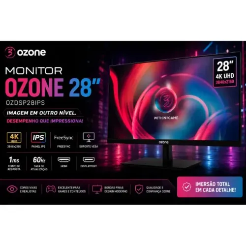 Monitor Gamer Ozone 28? 4K UHD IPS 1ms HDMI DisplayPort FreeSync VESA OZDSP28IPS