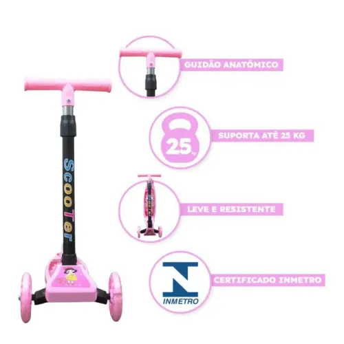 Patinete Dobrável Rosa com LED nas Rodas +3 Anos até 25kg