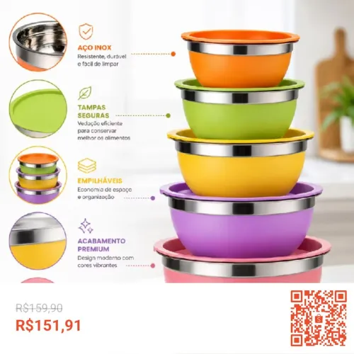 Kit Conjunto de 5 Bowls Tigelas Inox Coloridas com Tampa Empilháveis 