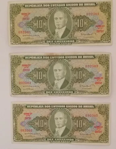 Lote 3 Cédulas Antigas 10 Cruzeiros Getúlio Vargas Lote Sequencial ímpar  FE/Sobe