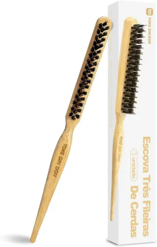 Kit 5 Escovas Profissionais para Cabelo 3 Fileiras Cerdas de Javali Cabo de Madeira