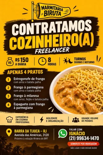 COZINHEIRO(A) FREELANCER - R$ 150 A DIÁRIA | Barra da Tijuca